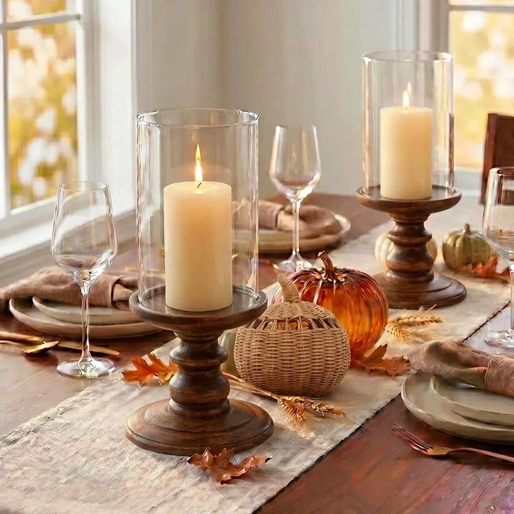 My Texas House Fall Large Wood and Glass Hurricane Candle Holder, Brown, 12in